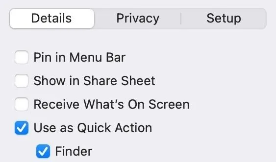 Bật tùy chọn &quot;Sử dụng làm Quick Action&quot; và chọn &quot;Finder&quot; trong cài đặt phím tắt trên macOS.