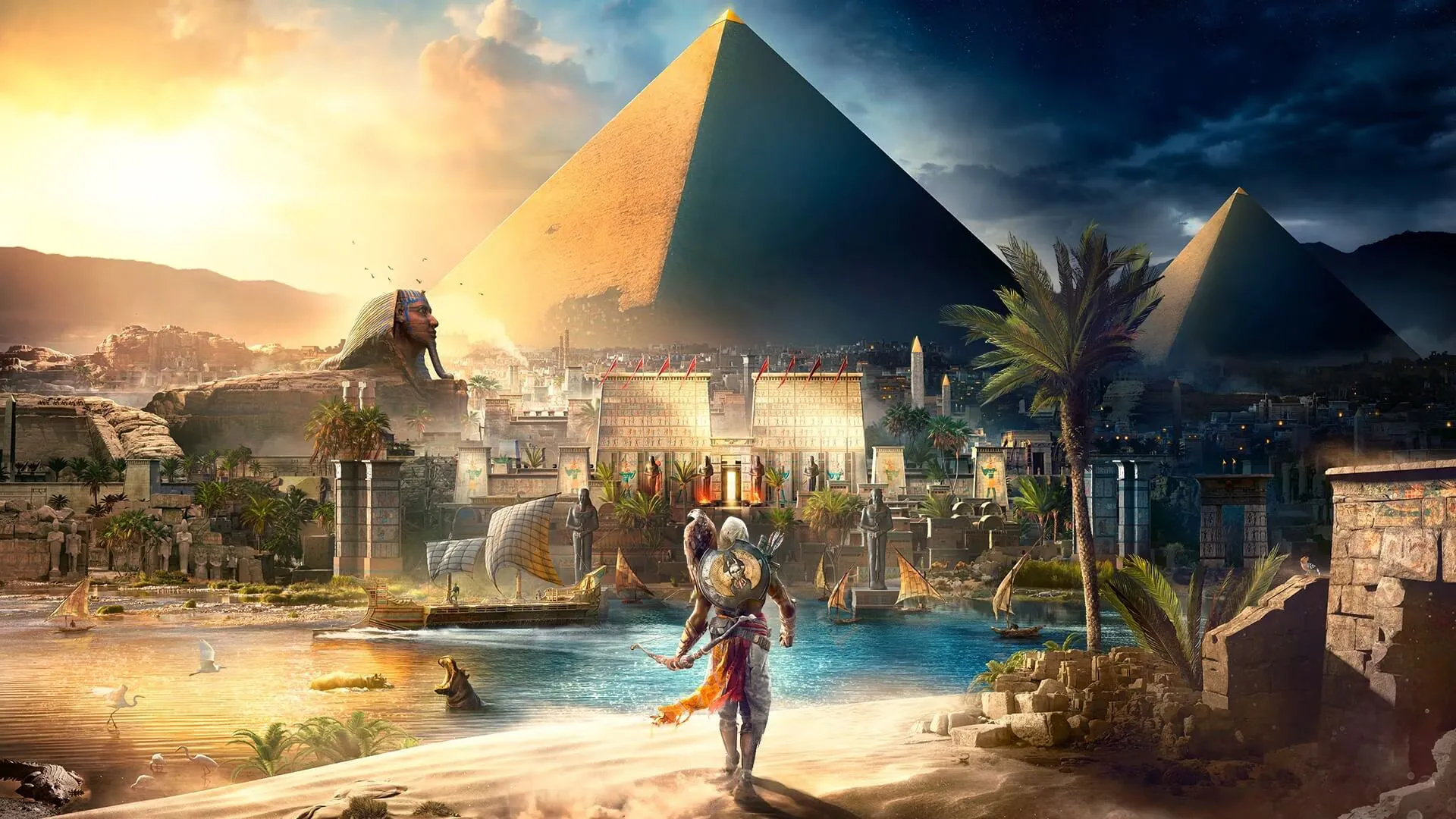 Bayek đứng trên đỉnh Pharos của Alexandria trong Assassin's Creed Origins, chiêm ngưỡng Ai Cập cổ đại hùng vĩ