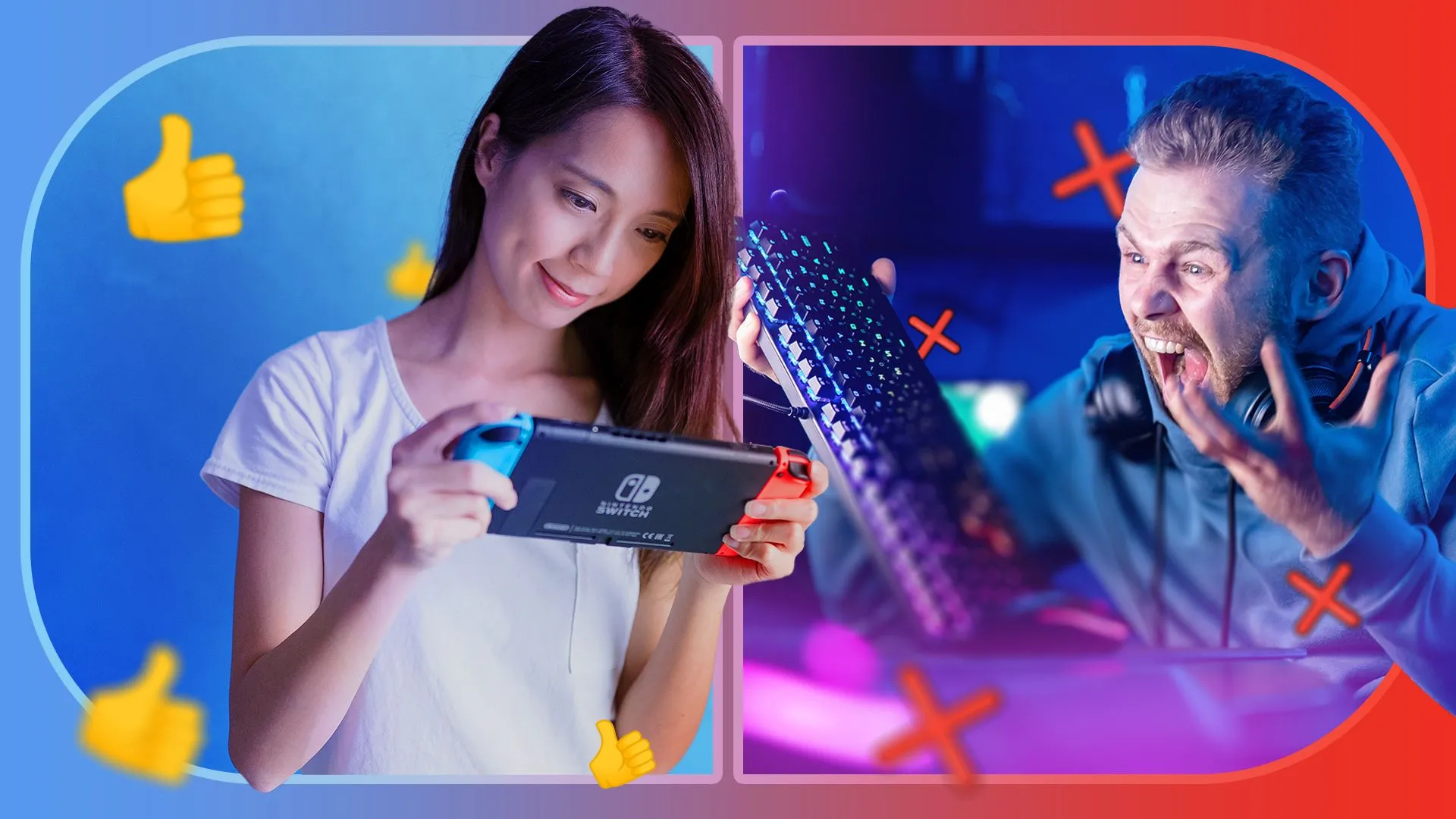 Bên trái là một phụ nữ đang chơi game trên Nintendo Switch, bên phải là một người đàn ông tức giận cầm bàn phím PC, biểu trưng cho sự khác biệt về môi trường game