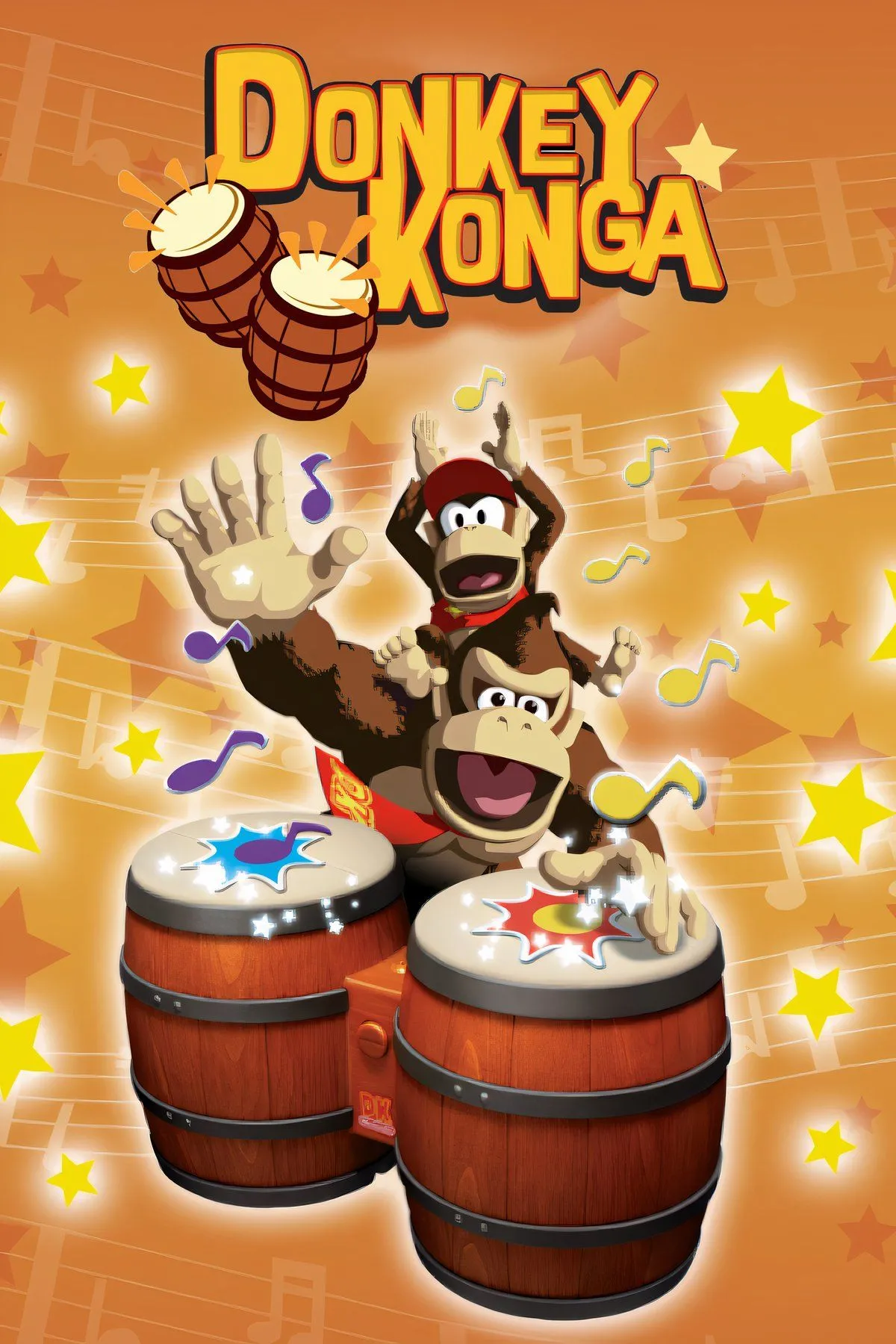 Bìa game Donkey Konga cho GameCube, thể hiện nhân vật Donkey Kong chơi trống bongo, biểu tượng của cách điều khiển độc đáo