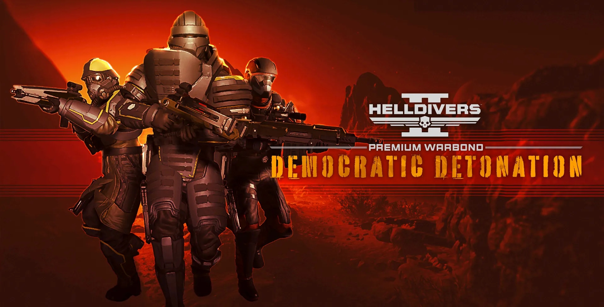 Bìa Warbond Democratic Detonation của Helldivers 2, tập trung vào sức mạnh hủy diệt và vũ khí nổ.