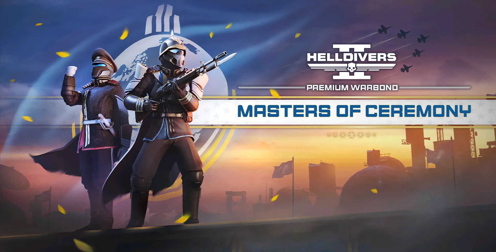 Bìa Warbond Masters of Ceremony của Helldivers 2, với các trang phục và vũ khí mang phong cách nghi lễ.