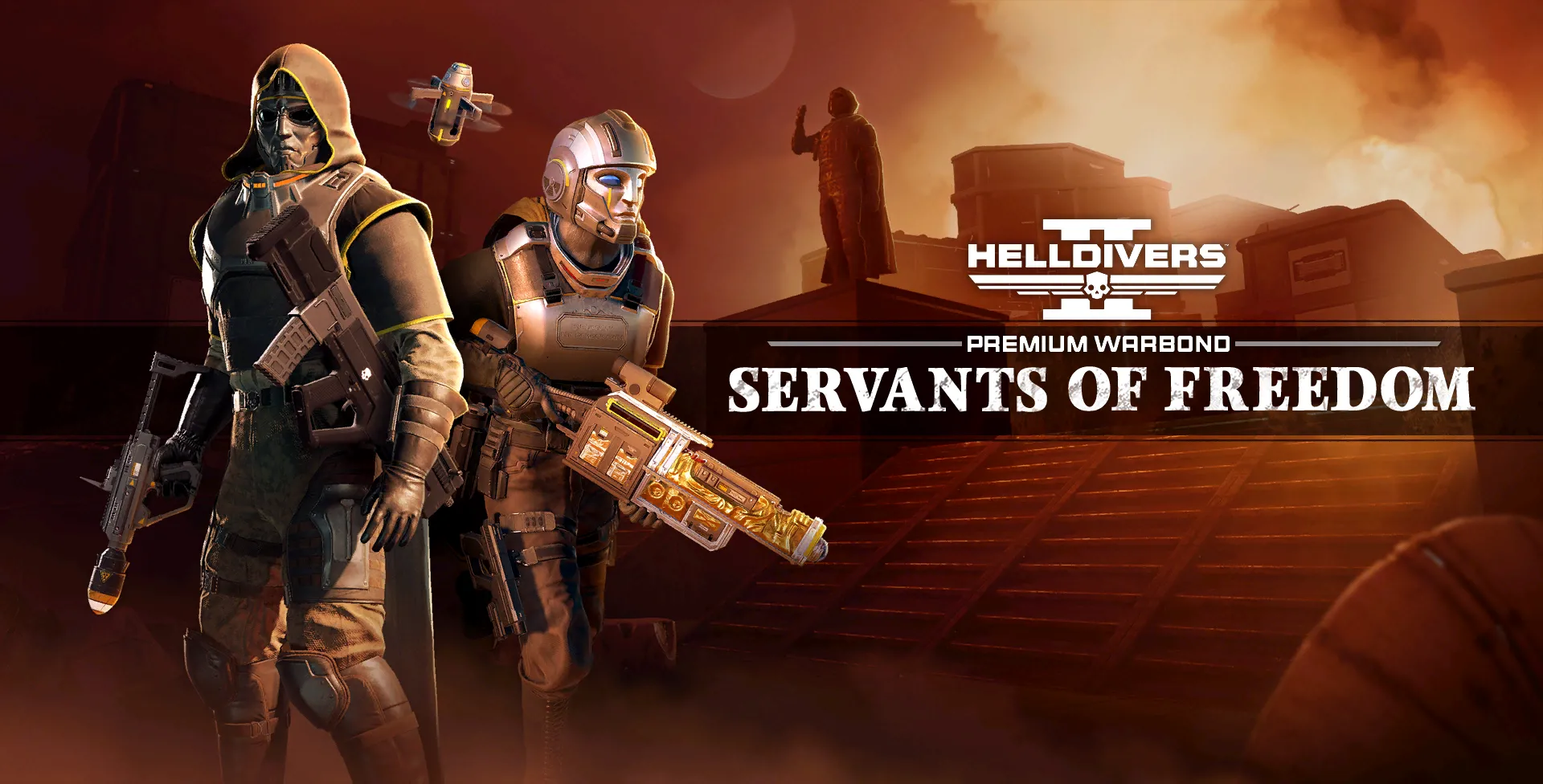 Bìa Warbond Servants of Freedom trong Helldivers 2, nổi bật với các công cụ hủy diệt mục tiêu lớn.