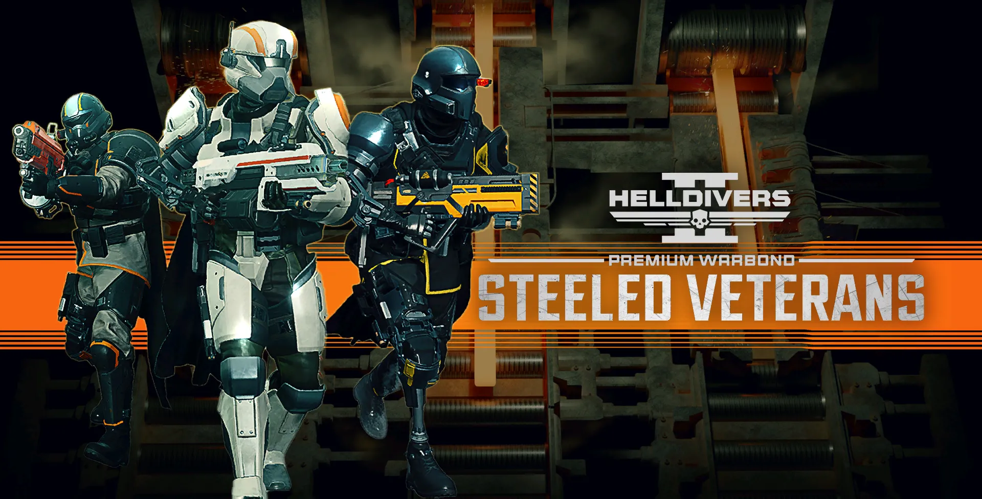 Bìa Warbond The Steeled Veterans của Helldivers 2, minh họa các vũ khí và trang bị dành cho cựu binh.