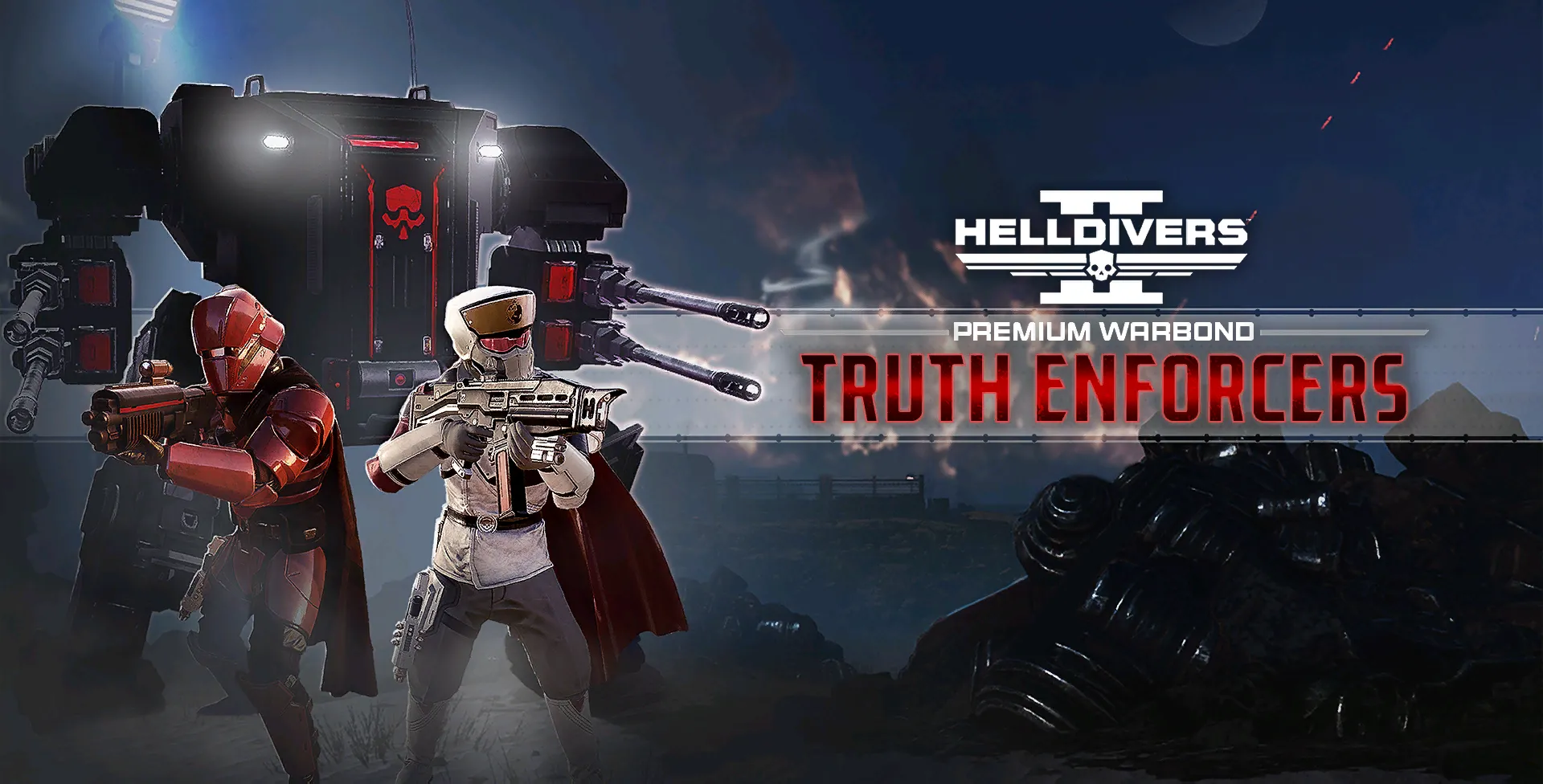 Bìa Warbond Truth Enforcers của Helldivers 2, với các trang bị nhấn mạnh việc thực thi &quot;sự thật&quot; cho Super Earth.