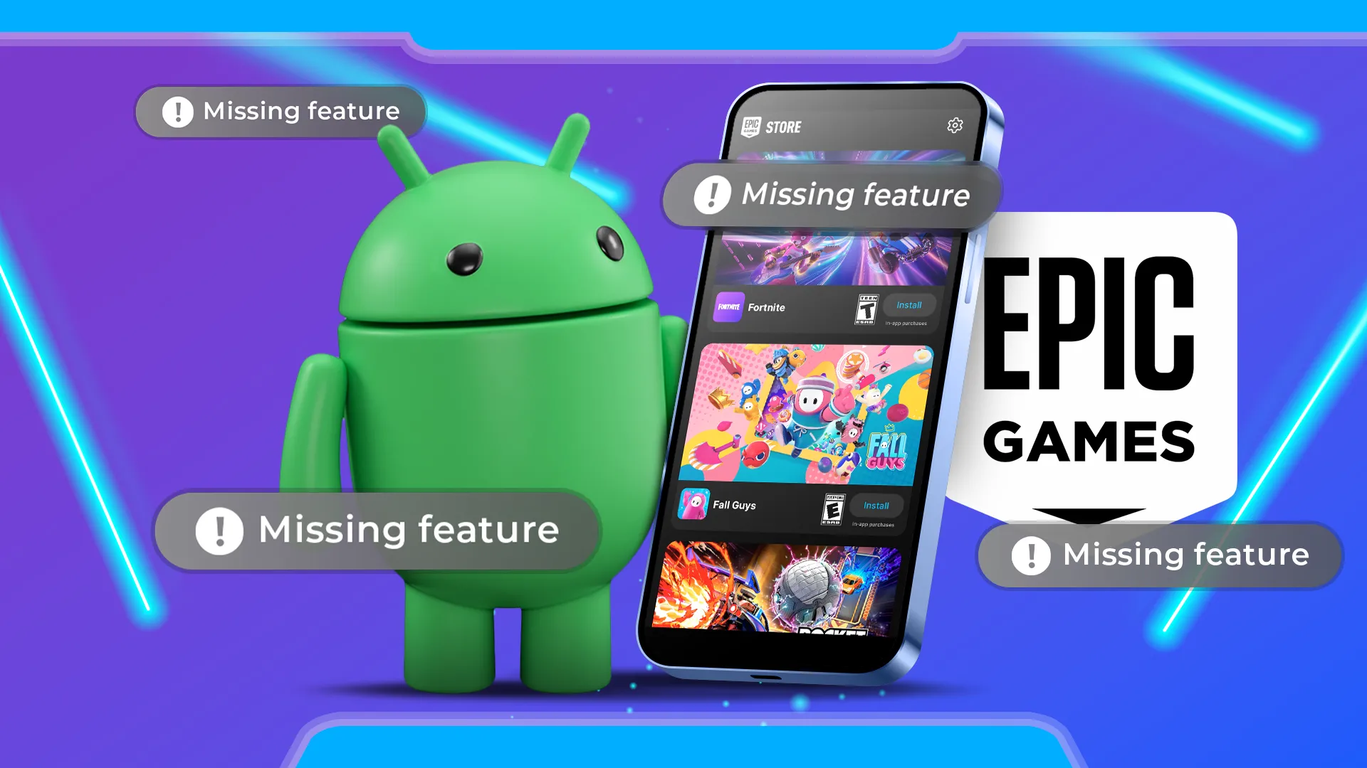 Biểu tượng Android đứng cạnh điện thoại đang chạy ứng dụng Epic Games, bao quanh là các biểu tượng ứng dụng, minh họa cho hệ sinh thái ứng dụng Android đa dạng