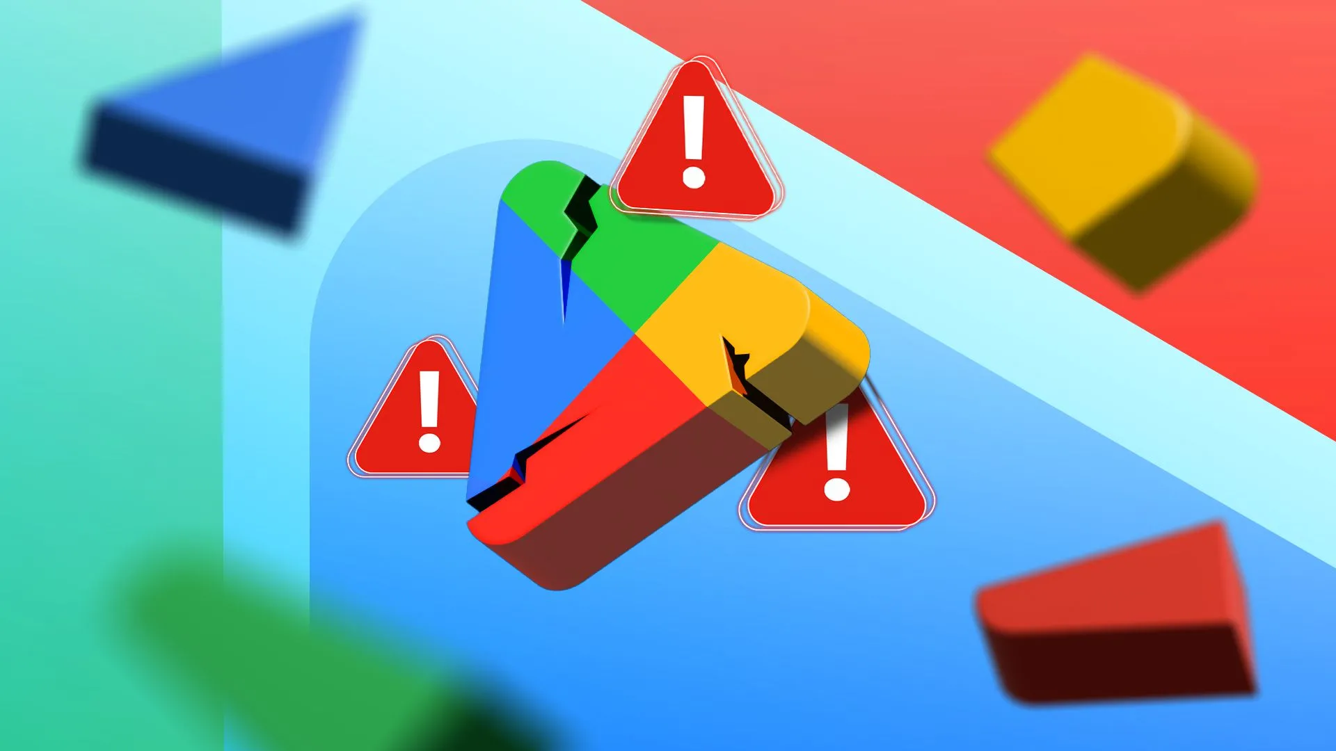 Biểu tượng Google Play Store bị nứt vỡ với các dấu hiệu cảnh báo, thể hiện vấn đề của cửa hàng ứng dụng
