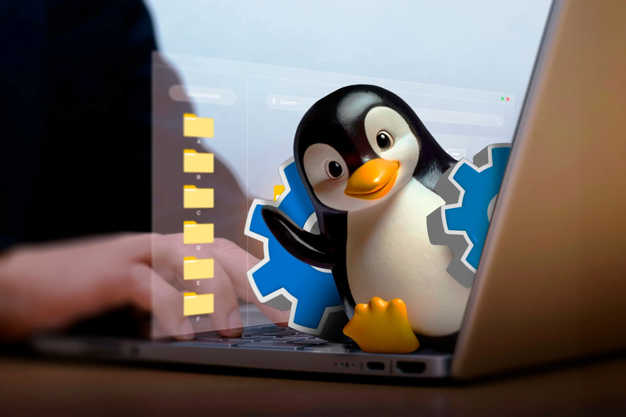Biểu tượng Linux (Tux) xuất hiện từ màn hình laptop, tượng trưng cho việc Linux giúp hồi sinh các thiết bị cũ và mang lại sức sống mới.