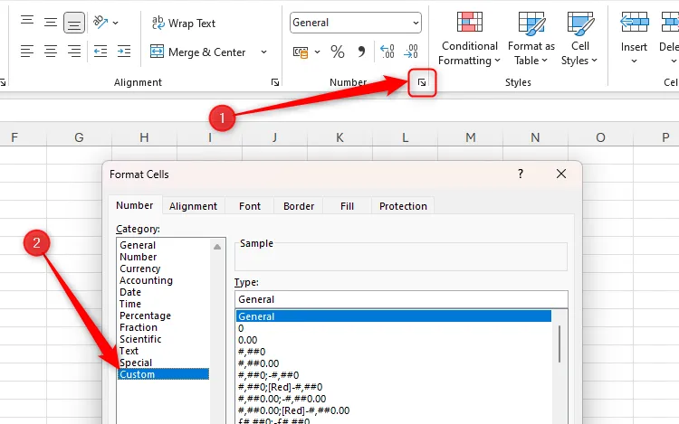 Biểu tượng mở hộp thoại Number Format trong Excel được làm nổi bật và định dạng số Custom trong hộp thoại Format Cells được chọn