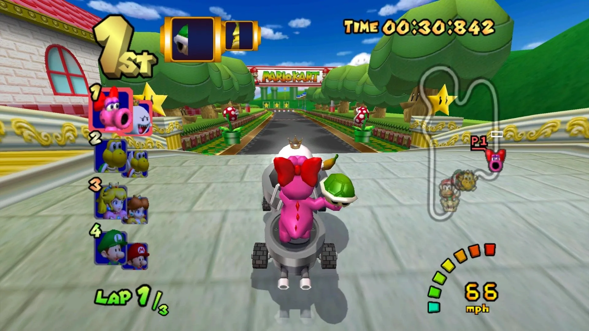 Birdo và Boo dẫn đầu cuộc đua trong Mario Kart: Double Dash!! trên đường đua cầu vồng.