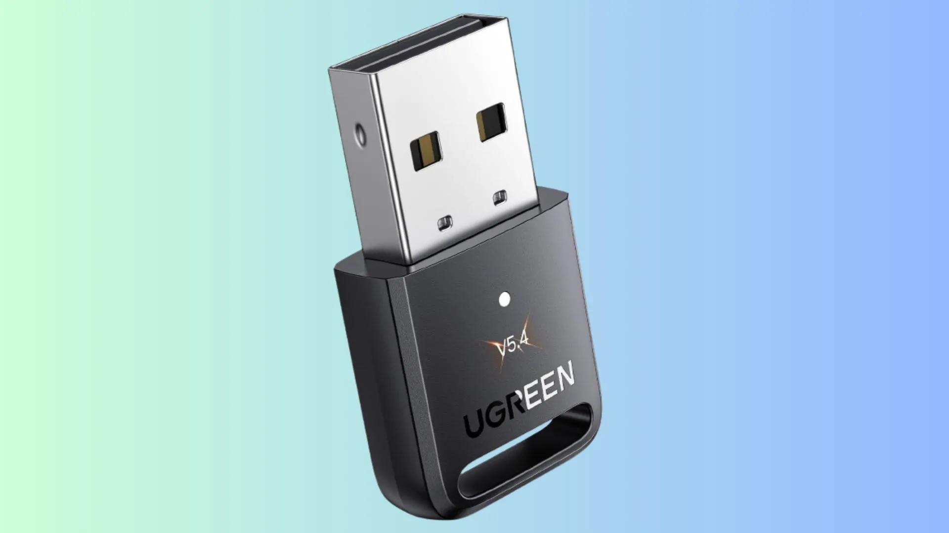 Bộ chuyển đổi Bluetooth 5.4 của UGREEN với thiết kế nhỏ gọn, hiển thị trên nền màu gradient, biểu tượng cho khả năng kết nối không dây tiện lợi.
