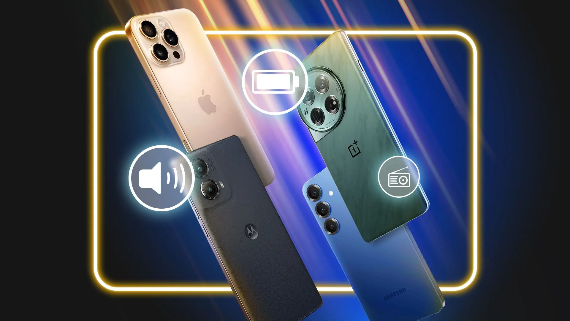 Bốn chiếc smartphone cách điệu bay lơ lửng trên nền xanh với các biểu tượng pin, loa và sóng radio, tượng trưng cho những đổi mới tiềm năng trong tương lai của điện thoại thông minh