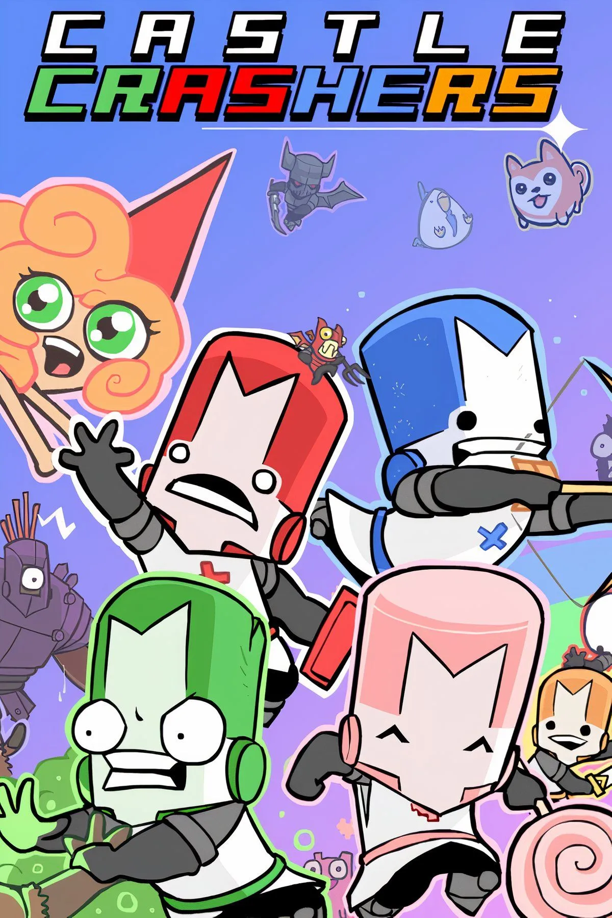Bốn hiệp sĩ trong Castle Crashers cùng nhau chiến đấu trong một cảnh hành động 2D sôi động.