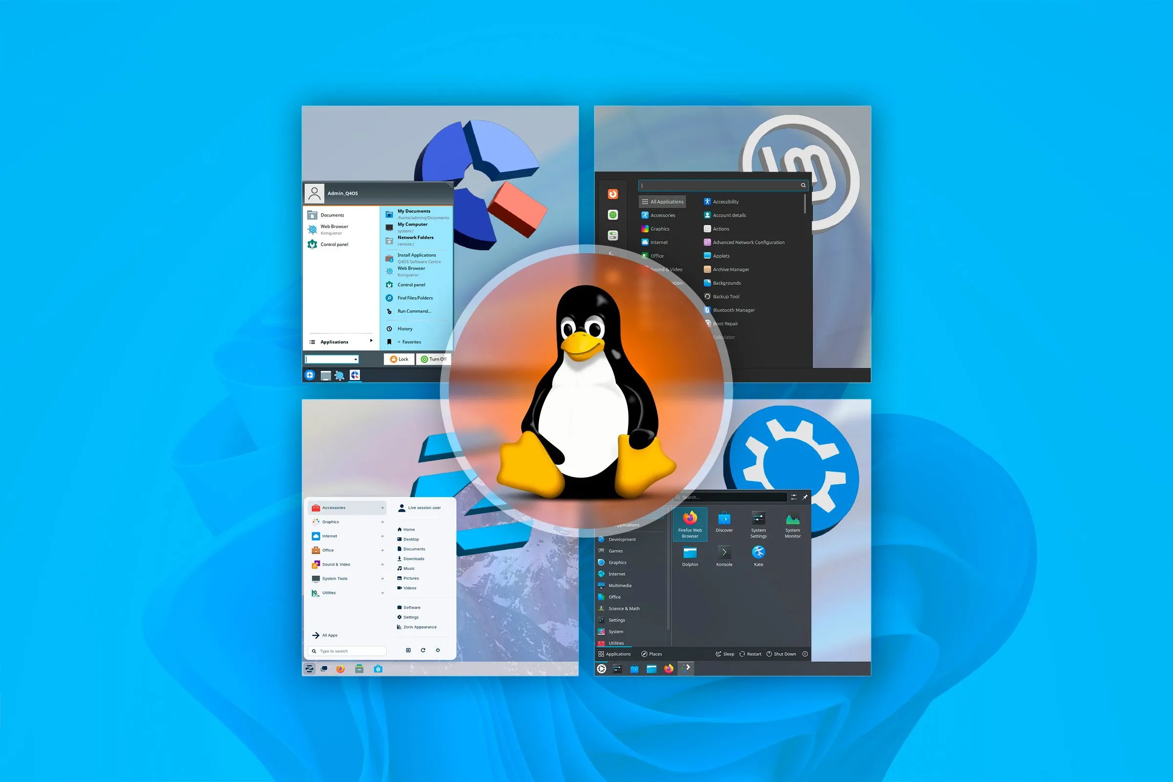 Các bản phân phối Linux đa dạng với linh vật Tux nổi bật trên nền hình nền Windows 11, tượng trưng cho sự chuyển đổi dễ dàng.