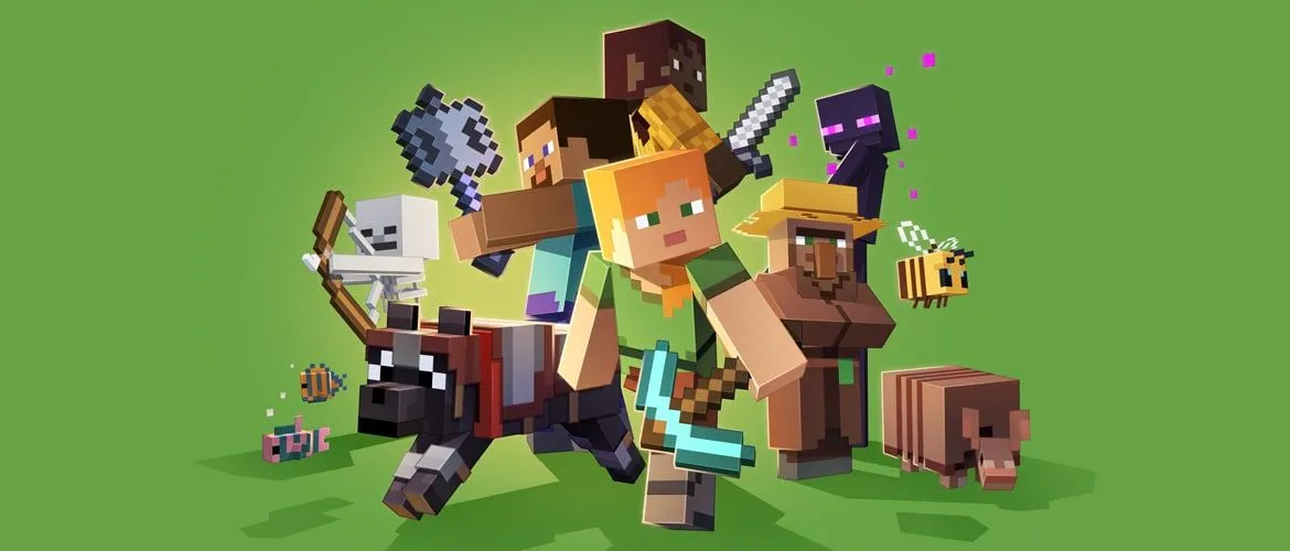 Các nhân vật Minecraft trên nền xanh lá, đại diện cho cộng đồng và thế giới game.