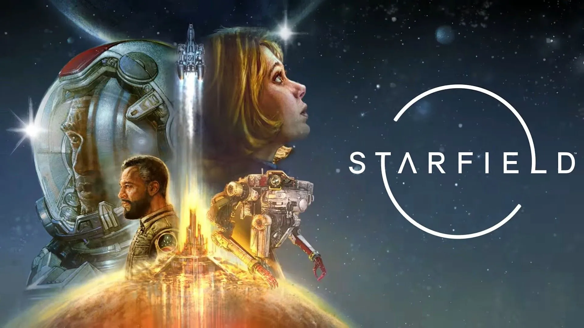 Các nhân vật Starfield đứng gần một con tàu vũ trụ đang cất cánh khỏi hành tinh, biểu tượng cho game nhập vai khám phá không gian rộng lớn của Xbox