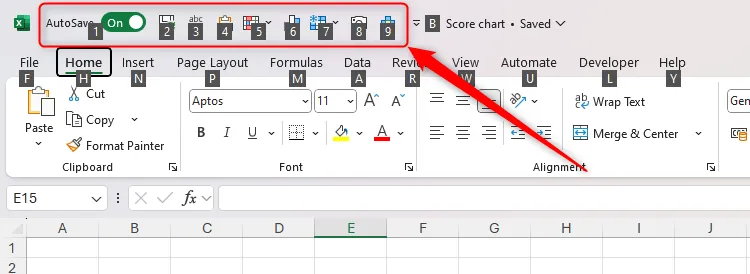 Các phím tắt Alt được gán cho công cụ trên thanh Quick Access Toolbar trong Excel.
