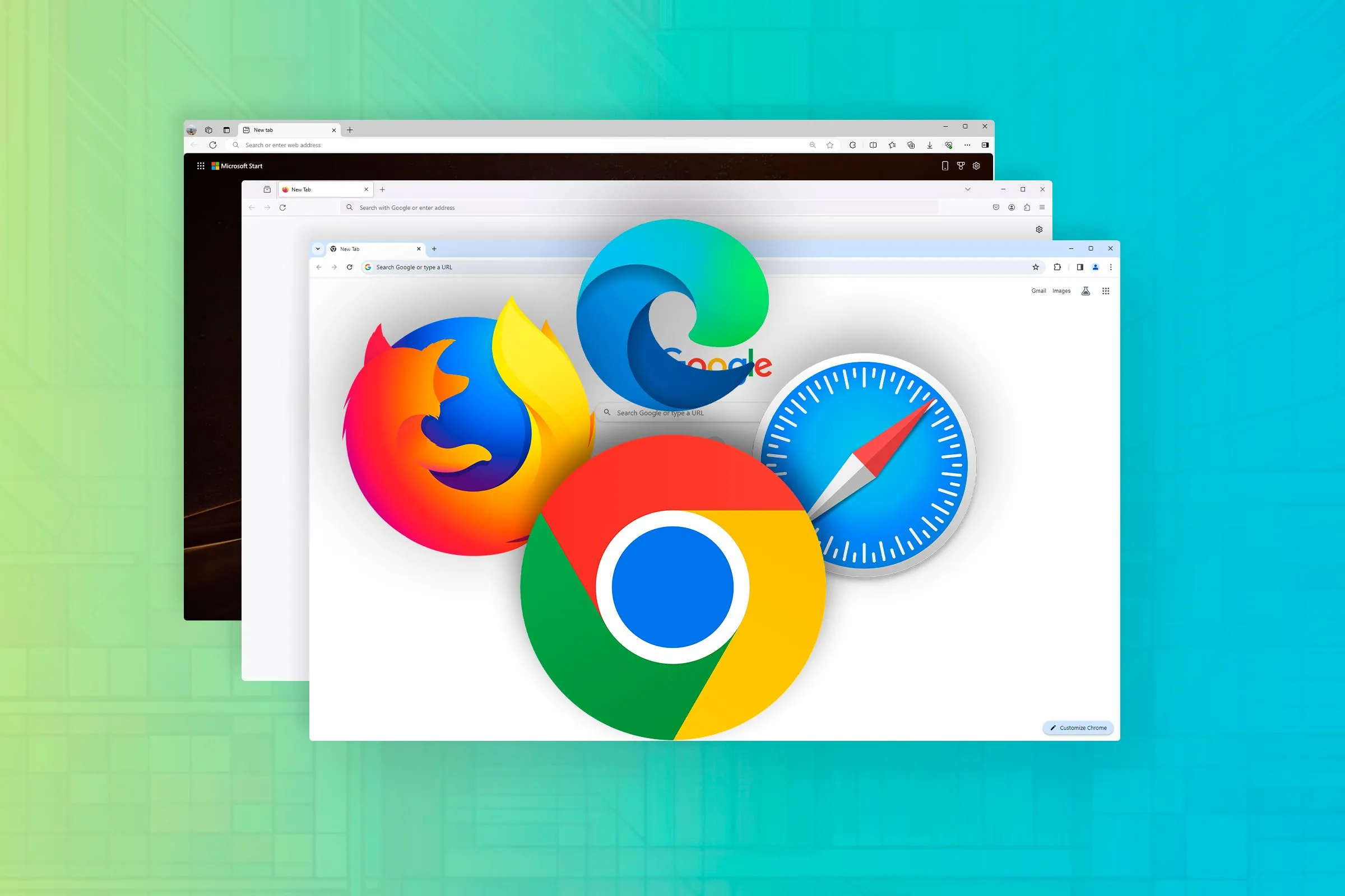 Các tab trình duyệt web đang mở phía sau, cùng logo của Chrome, Firefox, Safari và Edge ở phía trước, minh họa cho các phiên làm việc trình duyệt có thể bị chiếm đoạt