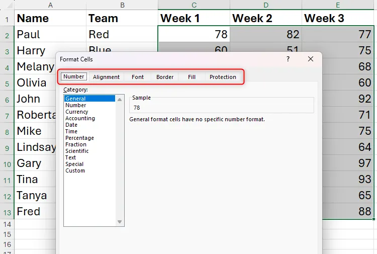 Các tab trong hộp thoại 'Định dạng Ô' của Excel được đánh dấu, minh họa cách điều hướng bằng phím tắt Ctrl+1.