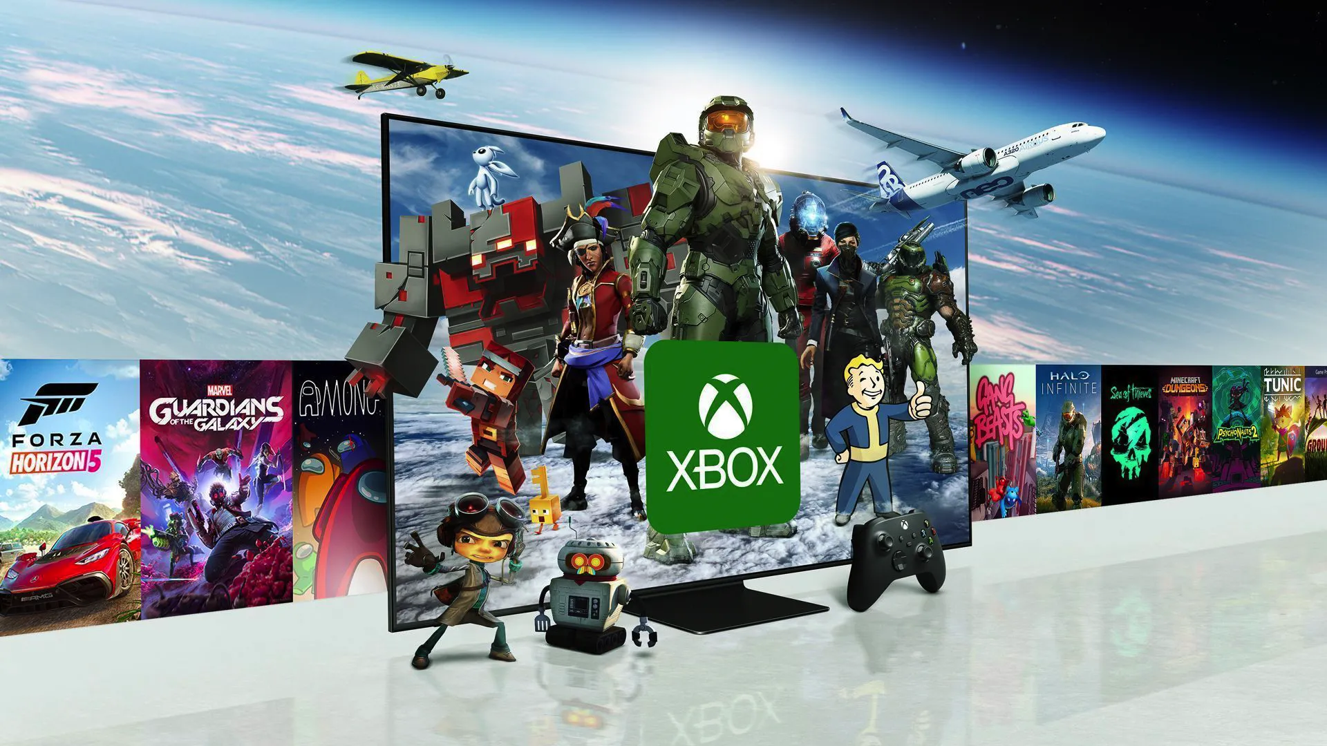 Các tựa game độc quyền Xbox nổi bật như Master Chief hiển thị trên TV thông minh Samsung, thể hiện chiến lược đa nền tảng.
