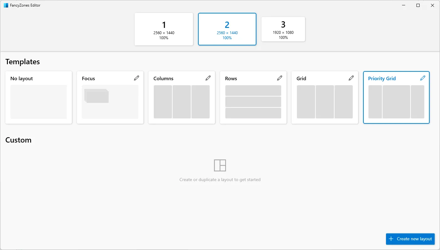 Các tùy chọn bố cục mặc định trong FancyZones của PowerToys cho Windows 11, cho phép tùy chỉnh chia màn hình.