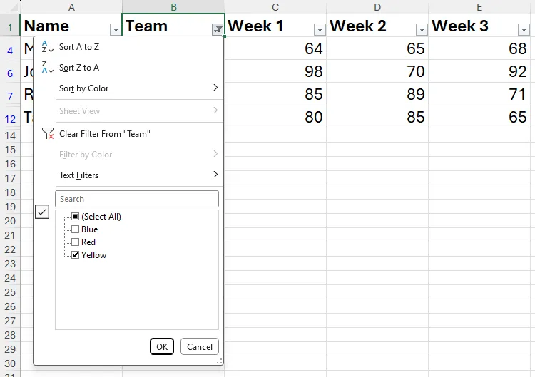 Các tùy chọn bộ lọc được mở cho cột B trong Excel, minh họa cách lọc dữ liệu bằng phím tắt.
