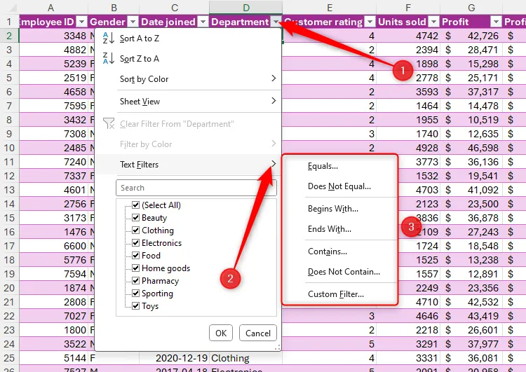 Các tùy chọn bộ lọc văn bản trong bảng Microsoft Excel.