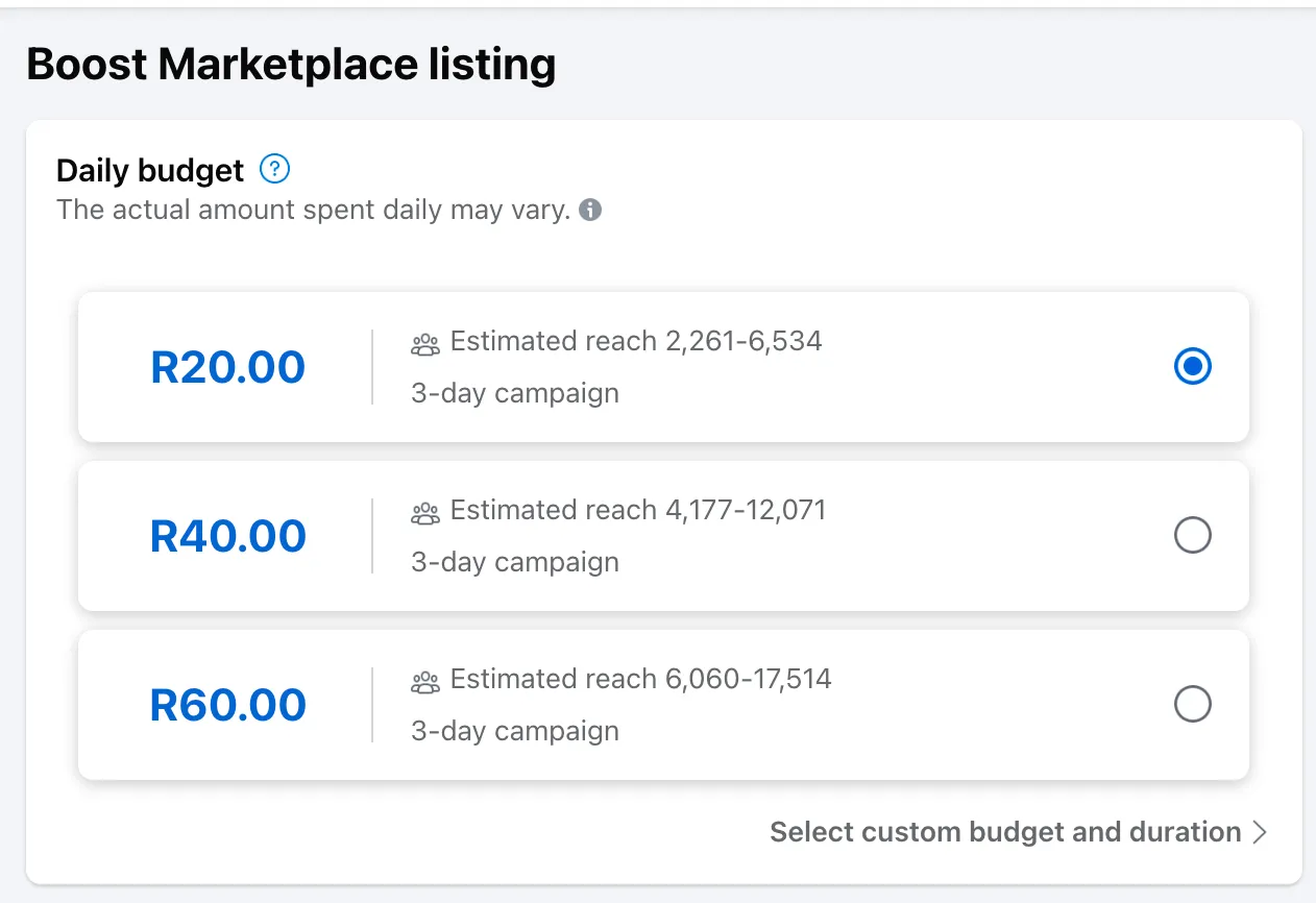 Các tùy chọn chi phí và thời gian quảng cáo bài đăng trên Facebook Marketplace