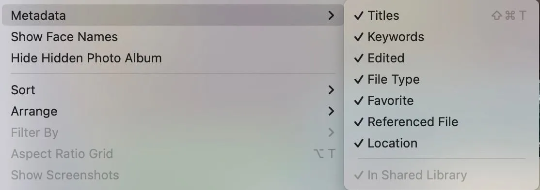 Các tùy chọn metadata được chọn trong Photos macOS