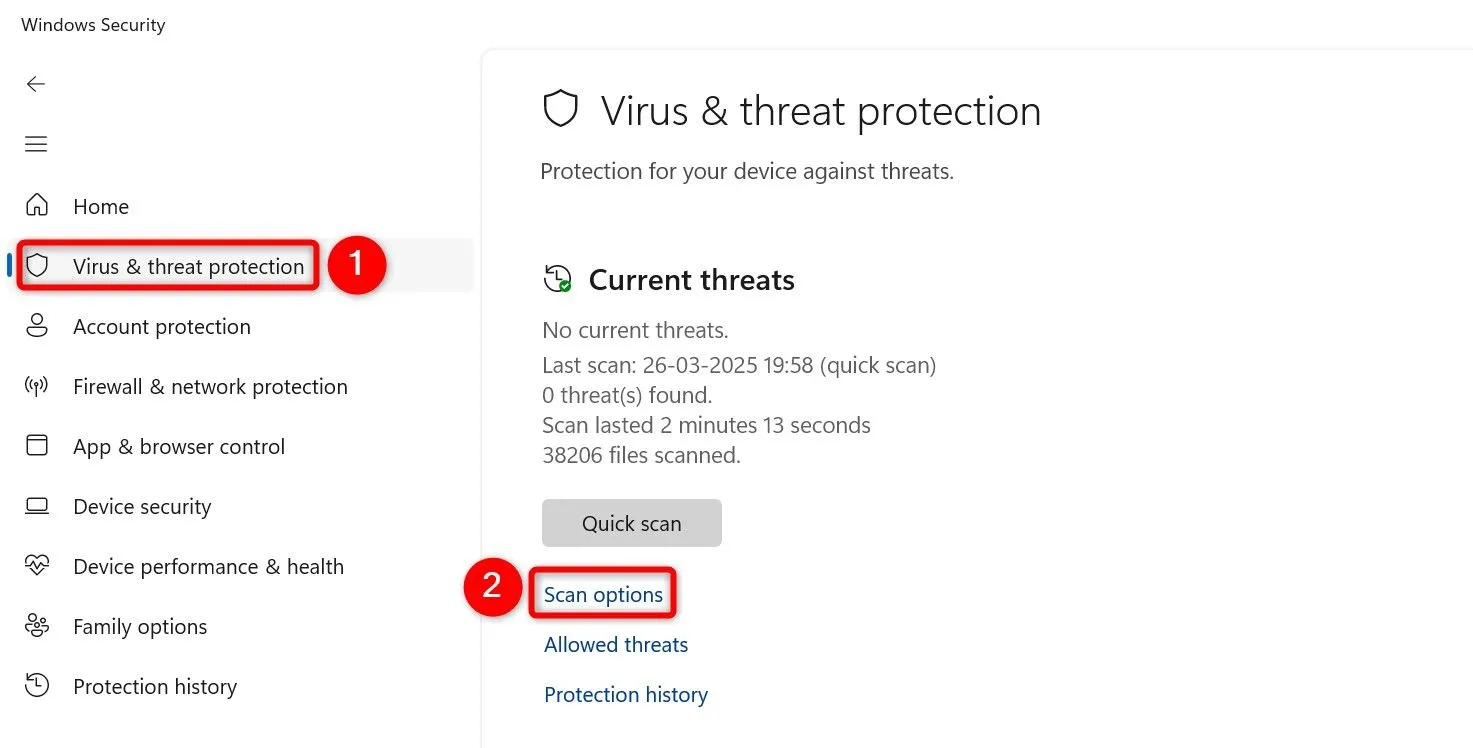 Các tùy chọn quét virus trong Windows Security, chọn &quot;Scan Options&quot; để tiến hành quét