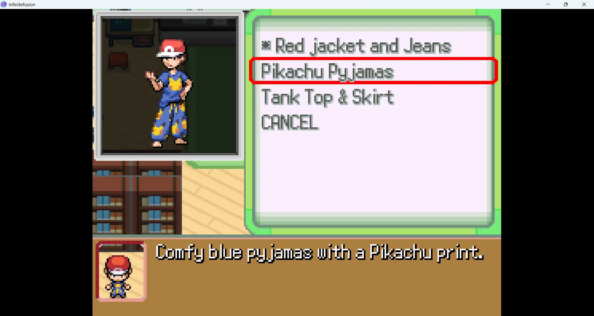 Các tùy chọn trang phục đa dạng cho nhân vật người chơi trong ROM hack Pokémon Infinite Fusion, cho phép cá nhân hóa trải nghiệm