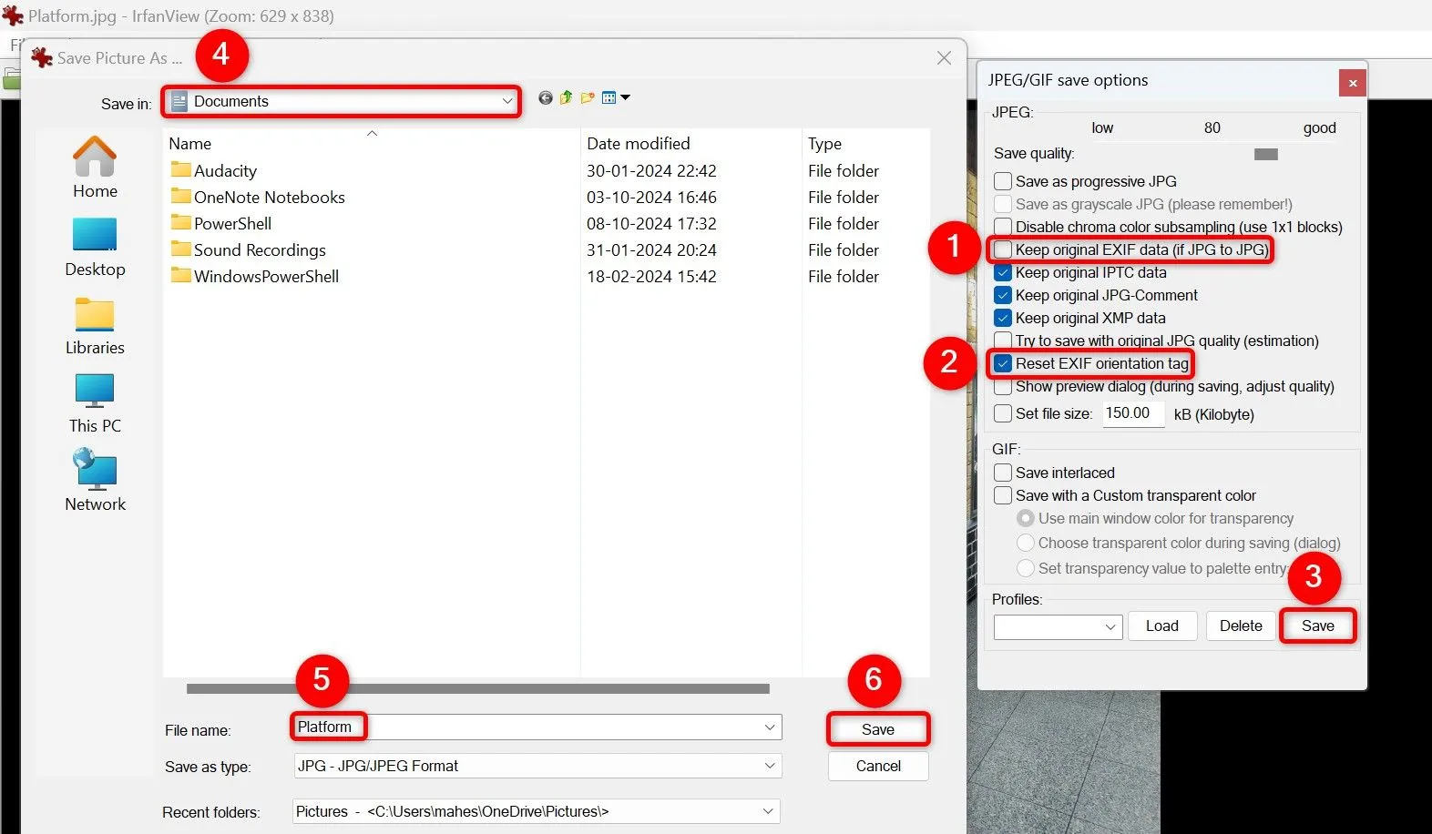 Các tùy chọn trong IrfanView để xóa dữ liệu EXIF và reset thẻ định hướng