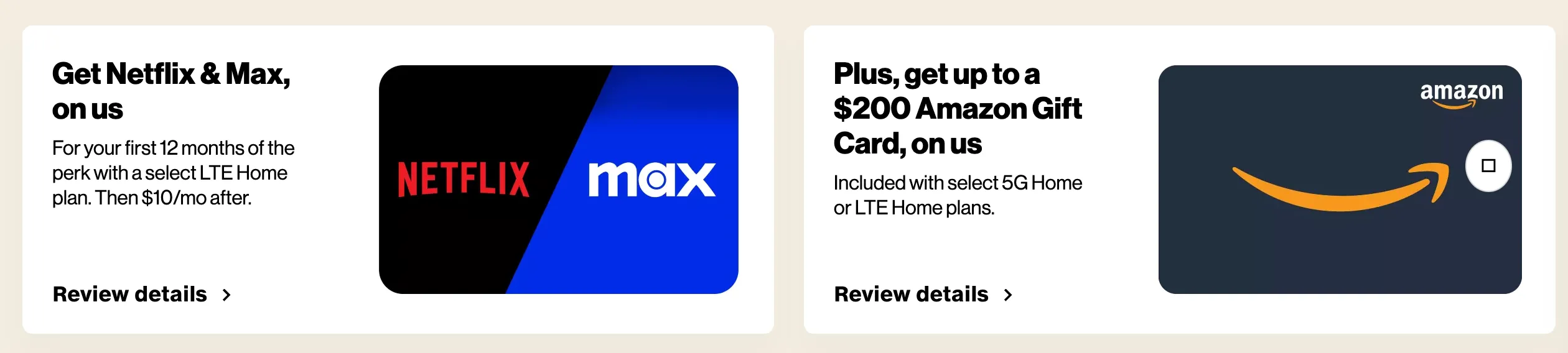Các ưu đãi của Verizon, bao gồm Netflix, Max và thẻ quà tặng Amazon, minh họa các khuyến mãi giá trị gia tăng mà người dùng có thể tận dụng khi lựa chọn nhà mạng.