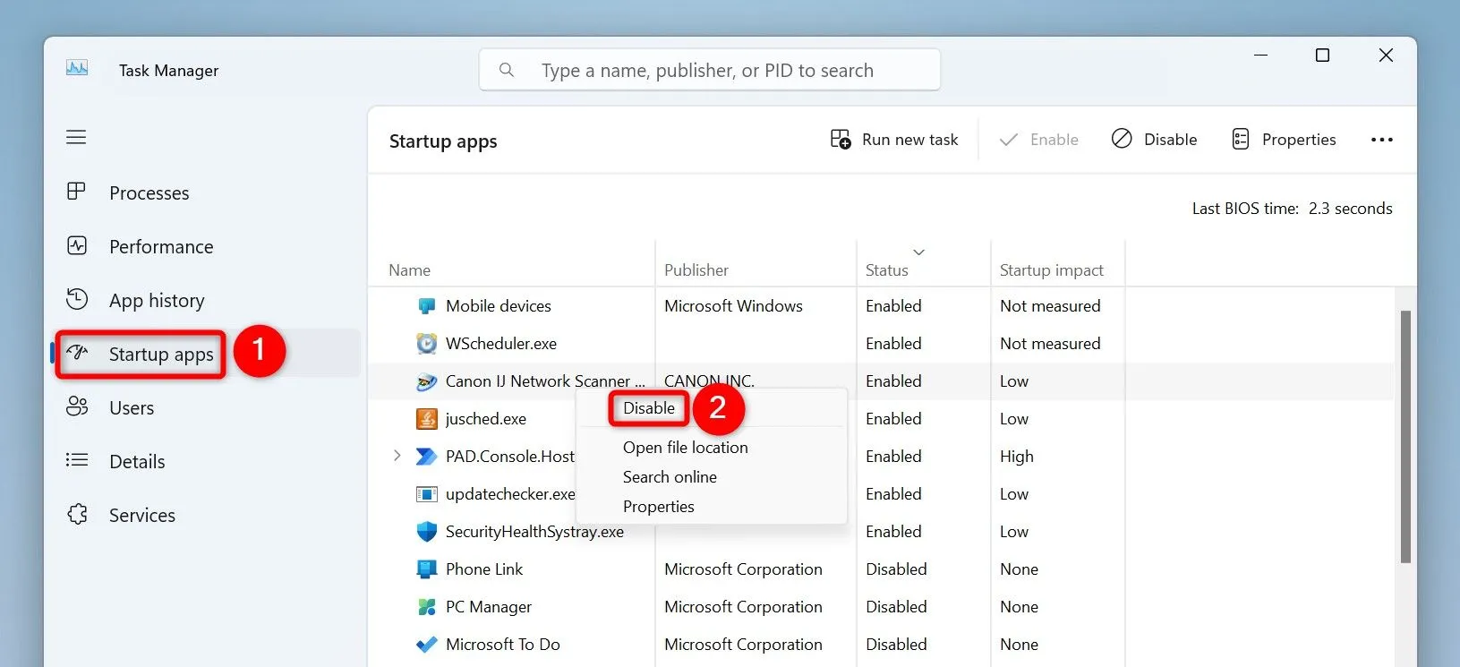 Cách tắt ứng dụng khởi động cùng hệ thống trong mục &quot;Startup Apps&quot; của Task Manager trên Windows 11