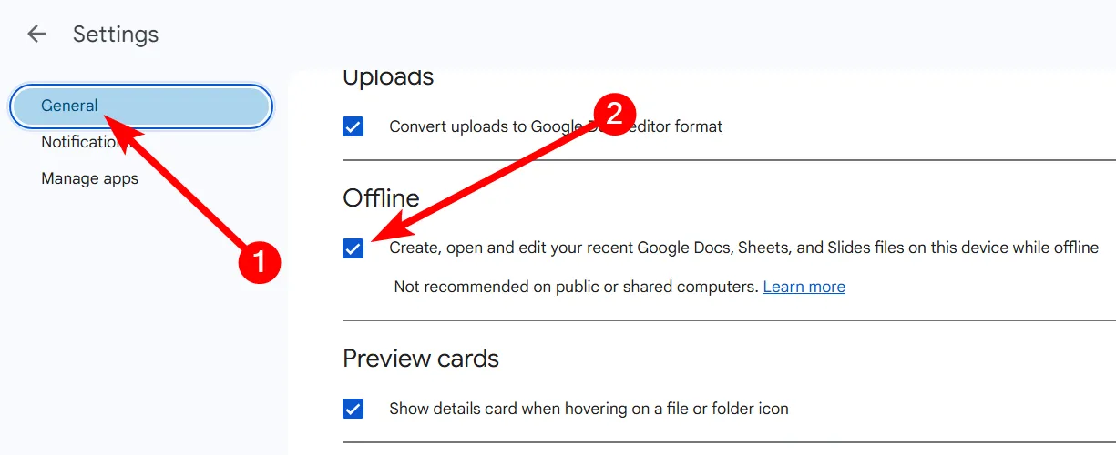 Cài đặt chế độ ngoại tuyến Google Drive: Tích chọn ô &quot;Offline&quot; trong phần General để đồng bộ file tự động.