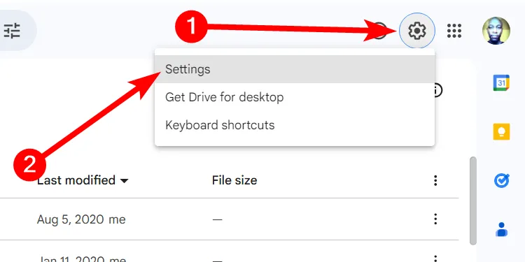 Cài đặt Google Drive: Biểu tượng bánh răng cưa để vào phần cài đặt tài khoản Google Drive.