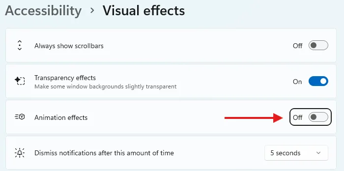Cài đặt hiệu ứng hình ảnh trong Windows 11, với mũi tên chỉ vào nút gạt &quot;Animation Effects&quot; (Hiệu ứng hoạt ảnh) để tắt.