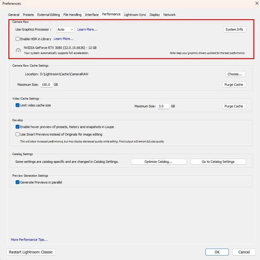 Cài đặt Lightroom Classic khuyến nghị đặt tùy chọn sử dụng GPU sang chế độ &quot;Auto&quot; để tối ưu hiệu năng card đồ họa