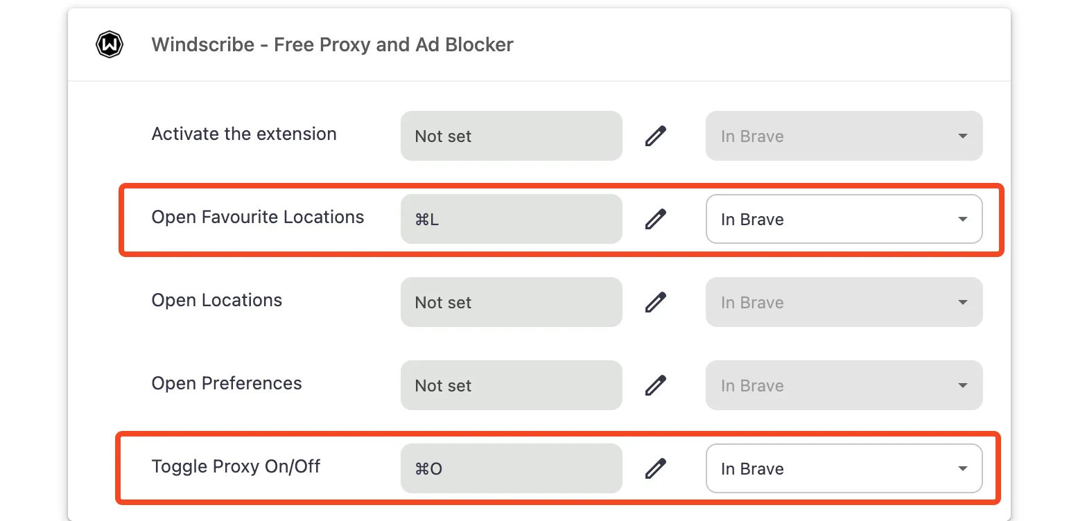 Cài đặt tiện ích mở rộng Windscribe trong trình duyệt Brave với tùy chọn phím tắt tùy chỉnh