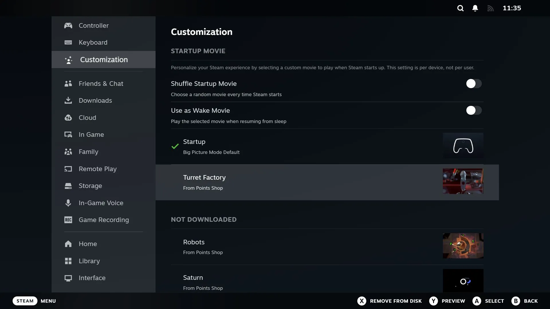 Cài đặt Tùy chỉnh Steam, hiển thị video khởi động đã tải xuống được chọn để kích hoạt.