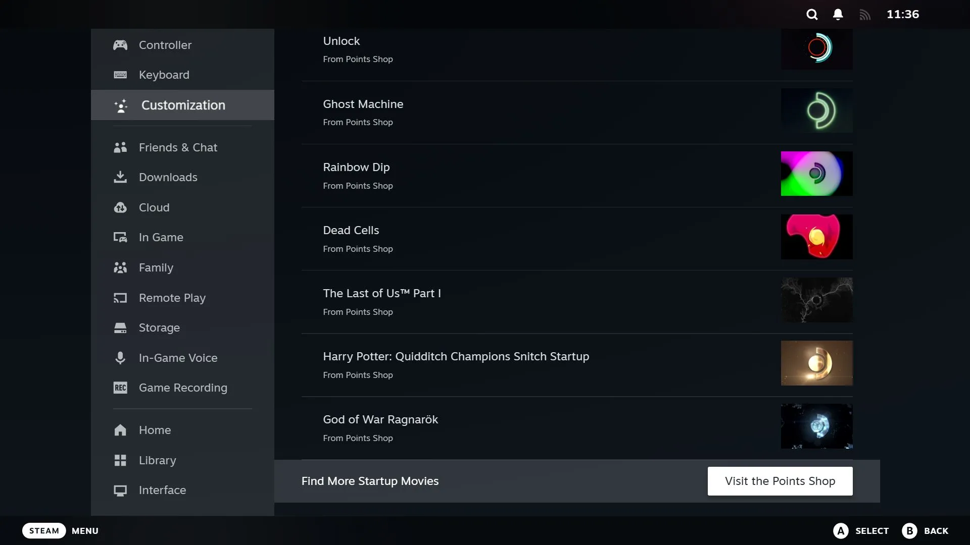 Cài đặt Tùy chỉnh trong Steam với tùy chọn &quot;Ghé thăm Cửa hàng Điểm&quot; được tô sáng.