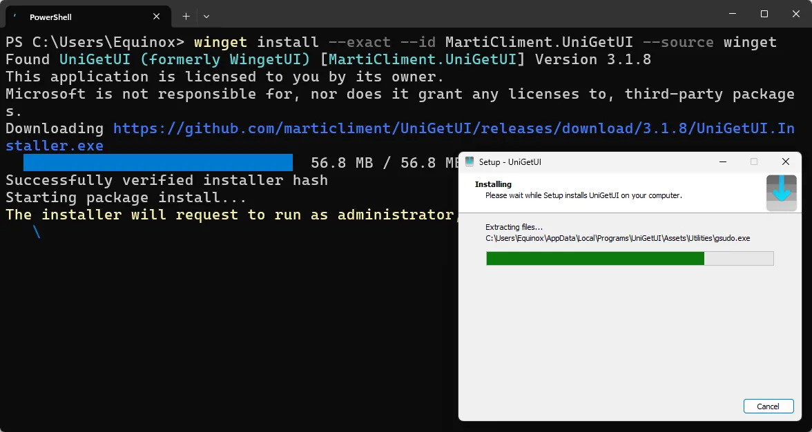 Cài đặt UniGetUI thông qua Winget trong Windows Terminal (PowerShell).