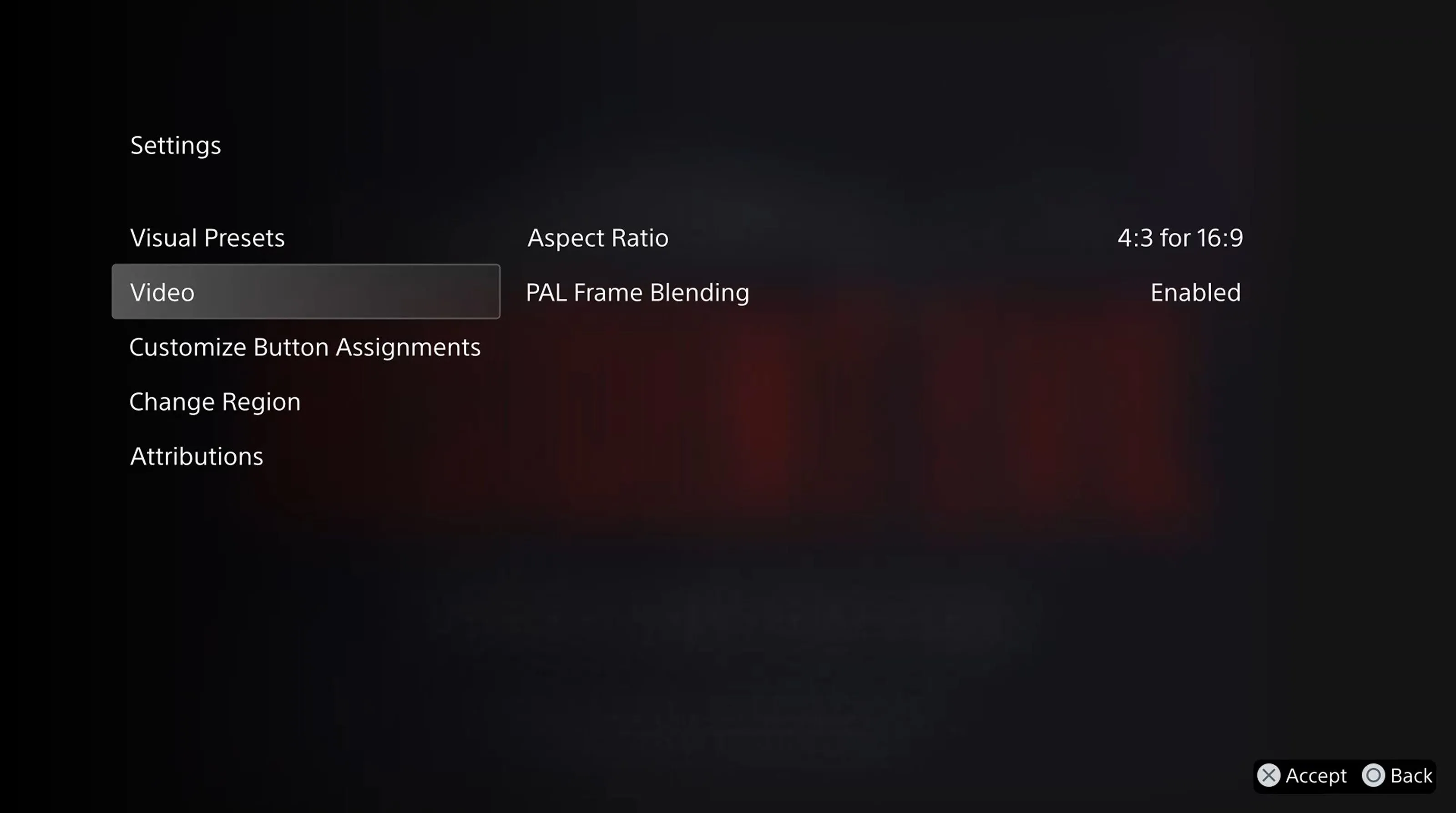 Cài đặt video trong menu giả lập PS1 Classics, hiển thị tab 'Video' và tùy chọn 'PAL Frame Blending'.