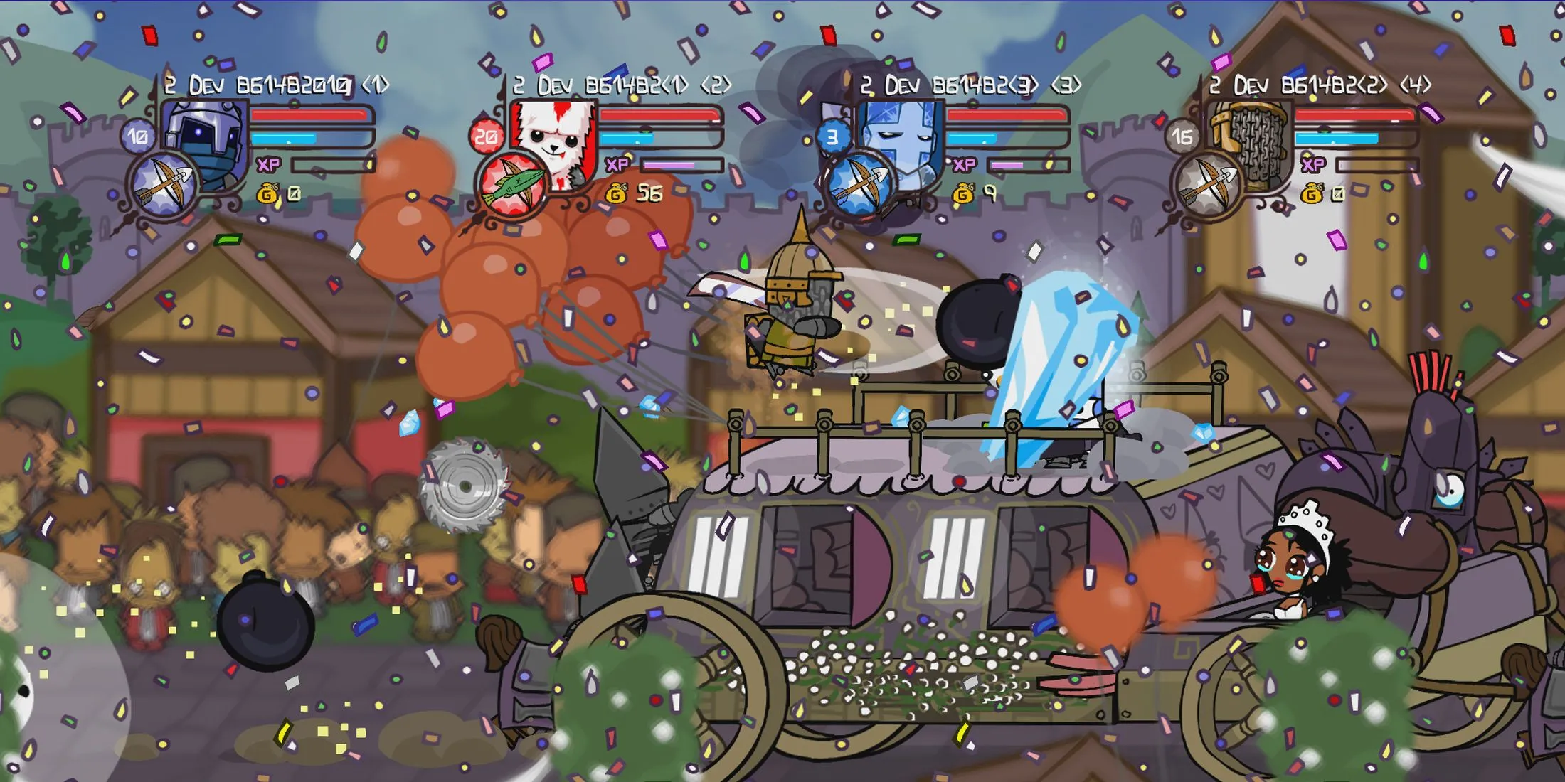 Cảnh bốn hiệp sĩ Castle Crashers diễu hành cùng nhau, thể hiện tinh thần co-op và phiêu lưu.