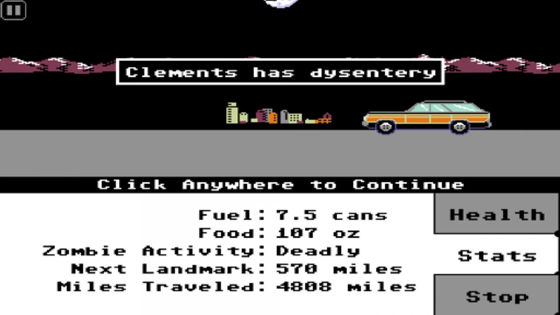 Cảnh chiến đấu trong game Organ Trail với các nhân vật và zombie trên nền đồ họa pixel