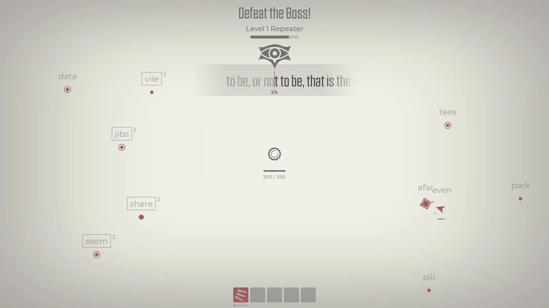 Cảnh chiến đấu với boss trong game Glyphica: Typing Survival, minh họa lối chơi sinh tồn gõ phím.