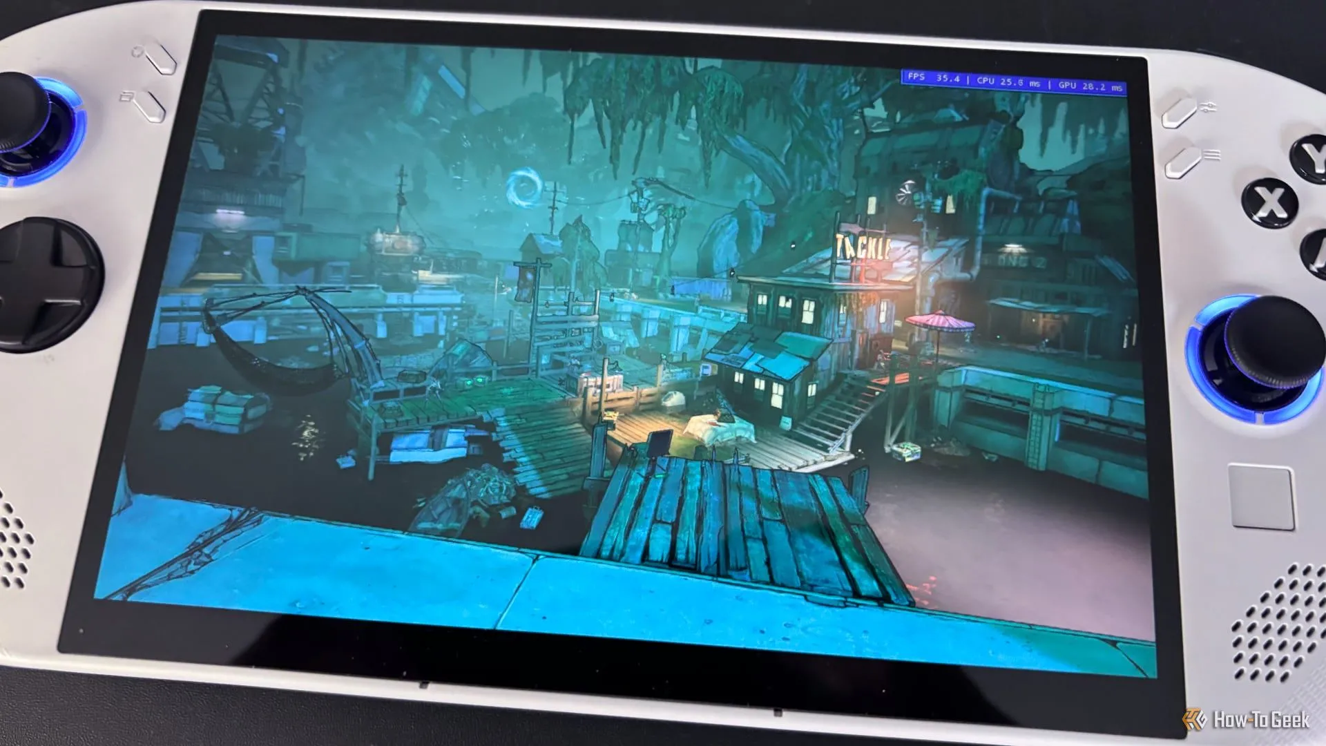 Cảnh game bắn súng Borderlands 3 với giao diện HUD trên màn hình Legion Go S