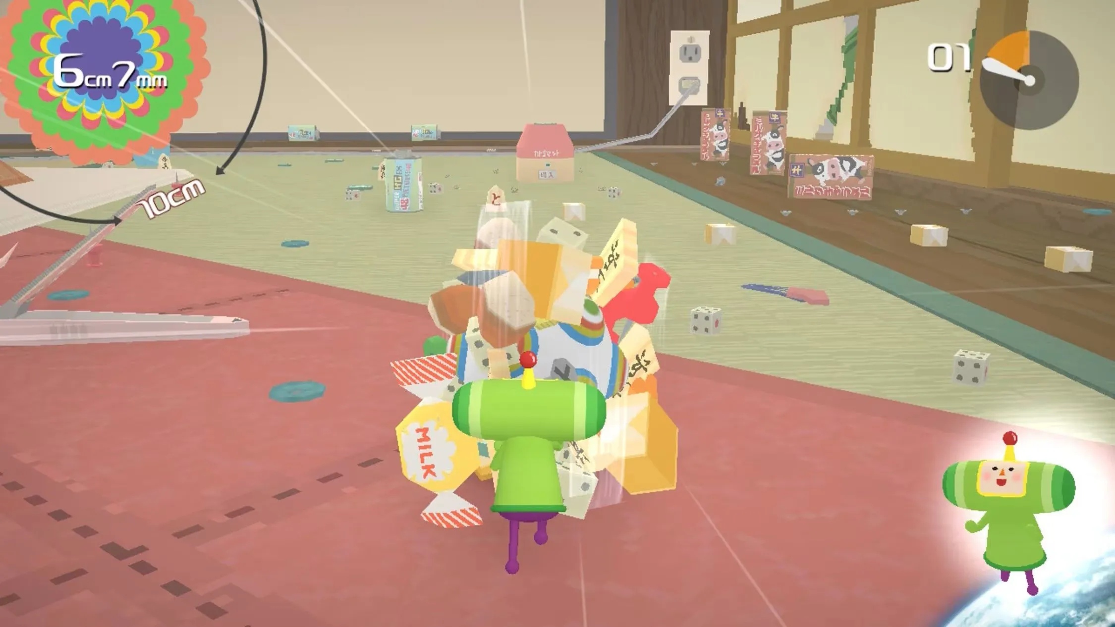 Cảnh game Katamari Damacy REROLL, nơi người chơi lăn một quả bóng khổng lồ để thu thập các vật phẩm, một ví dụ tiêu biểu về sự độc đáo của thư viện game PS2.