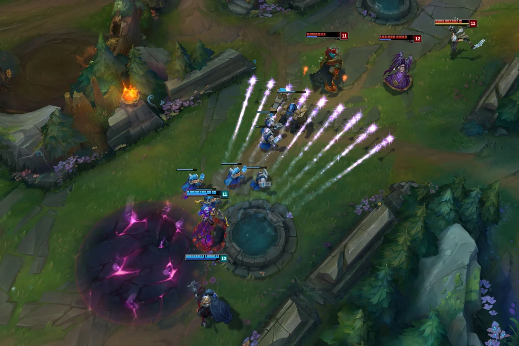 Cảnh gameplay kịch tính trong League of Legends, hiển thị các tướng và kỹ năng đang được sử dụng