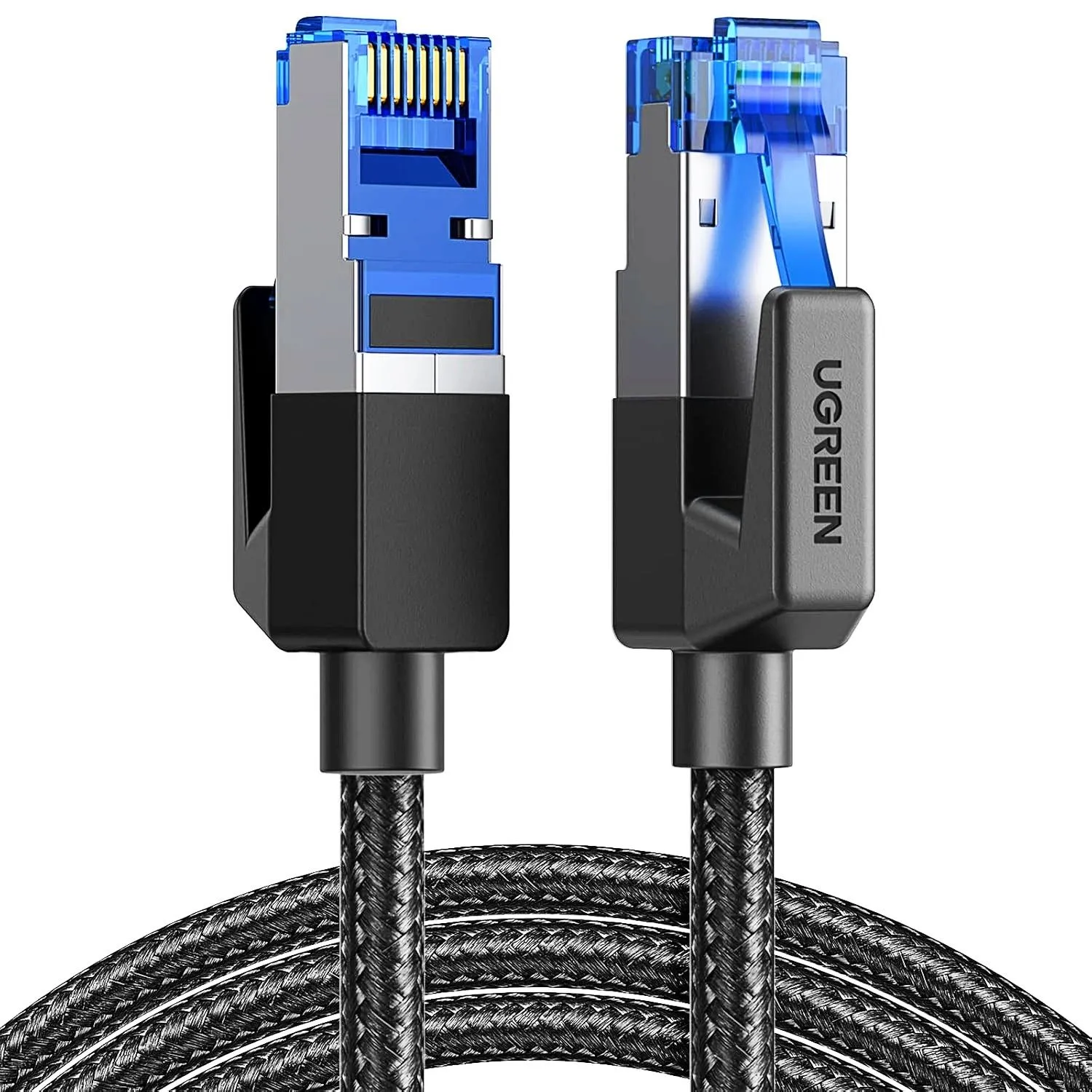 Cáp Ethernet UGREEN Cat 8 dài 10FT màu đen trên nền trắng, minh họa cho giải pháp kết nối mạng tốc độ cao.